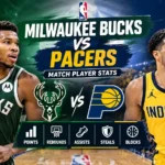 Milwaukee Bucks vs Pacers match player stats graphic with NBA players, team logos, and key stat categories.