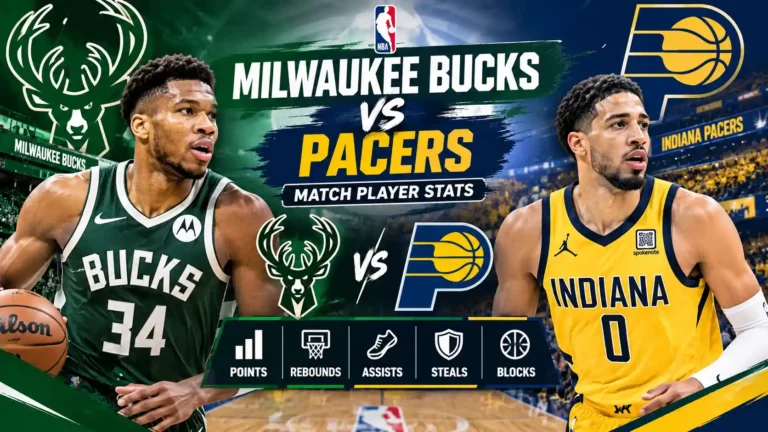 Milwaukee Bucks vs Pacers match player stats graphic with NBA players, team logos, and key stat categories.