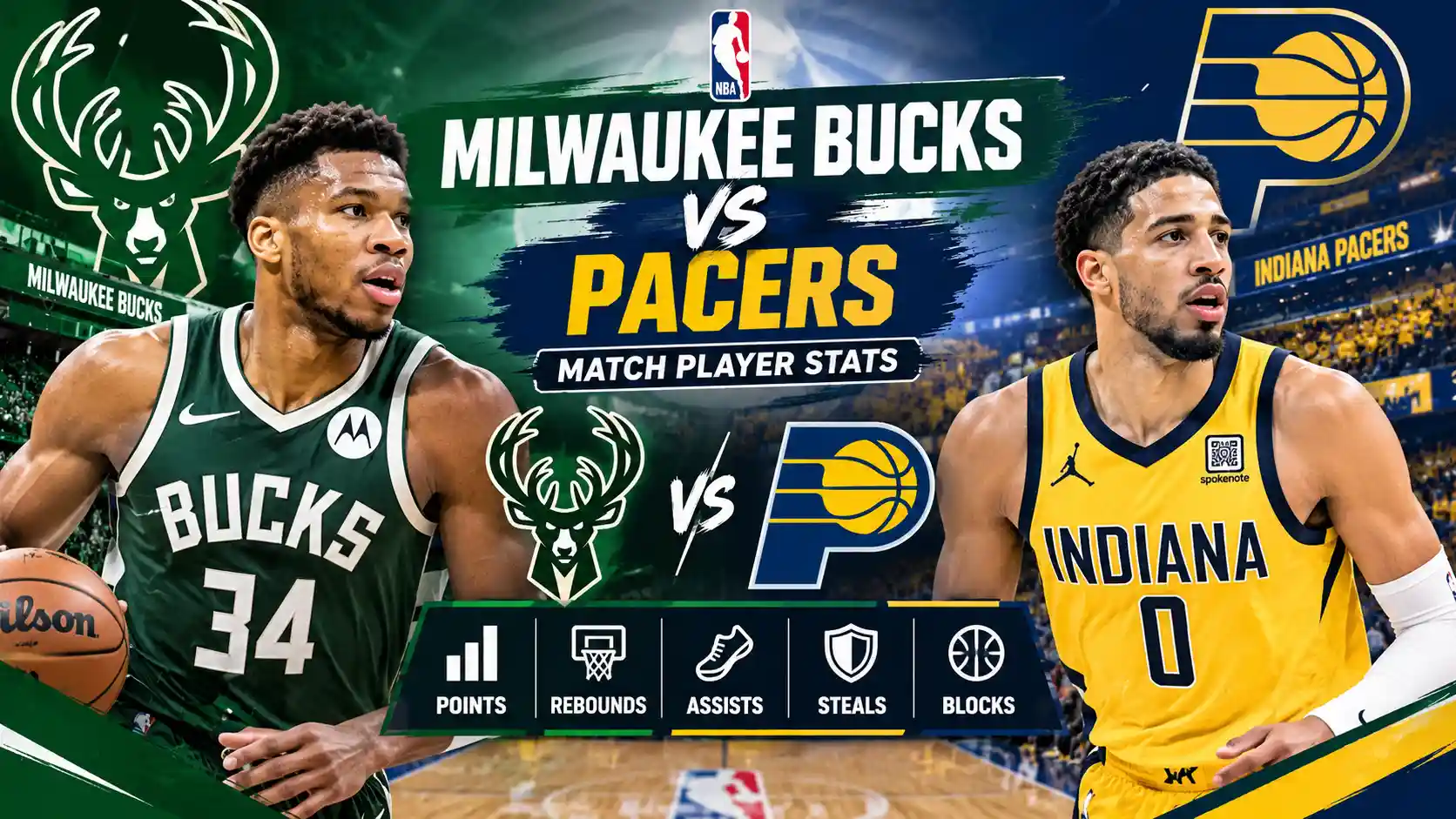 Milwaukee Bucks vs Pacers match player stats graphic with NBA players, team logos, and key stat categories.